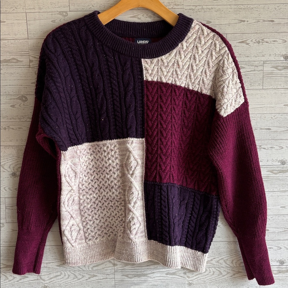 Vintage LANDS END Fisherman Sweater‎ Wool Blend Chunky CableKnit patchwork Small